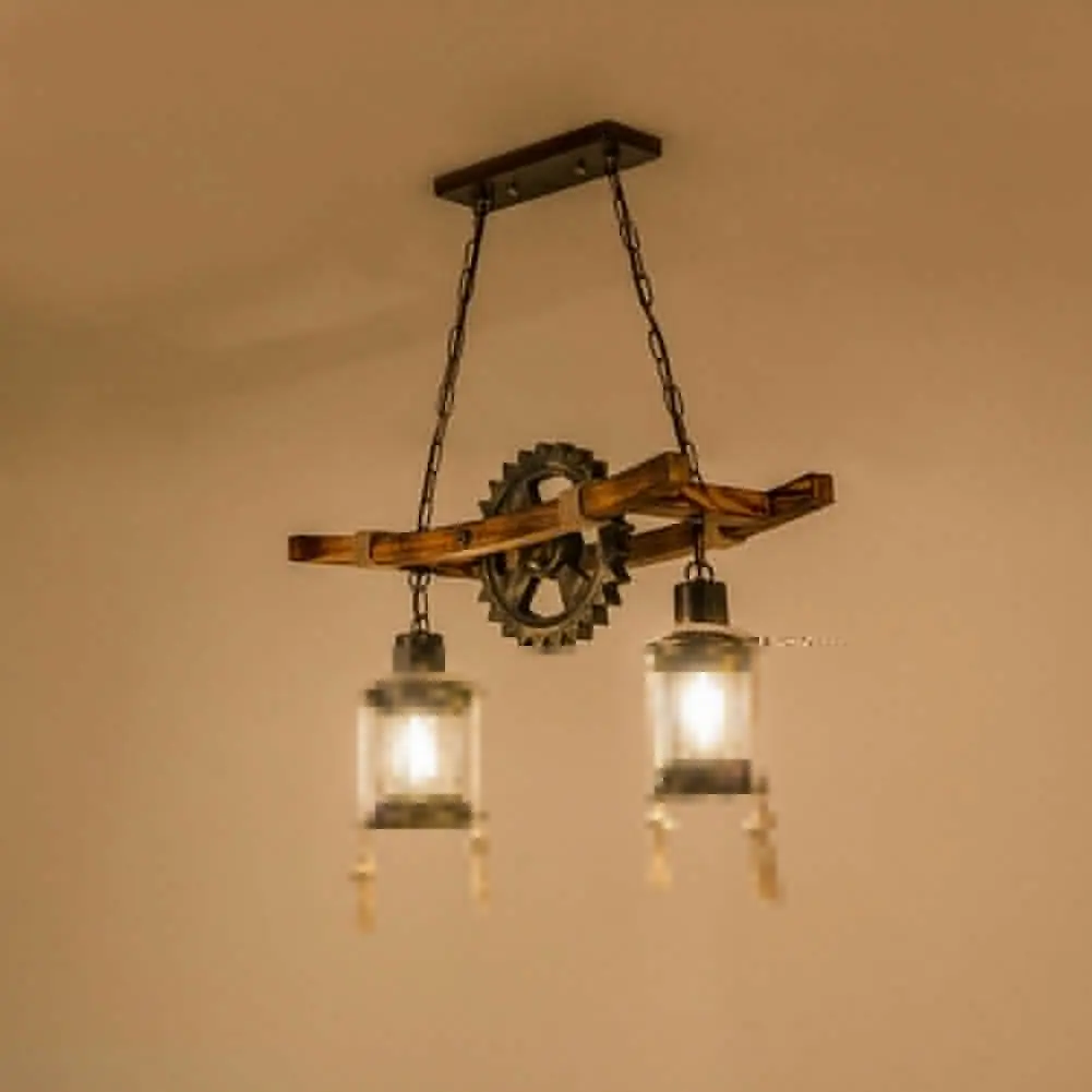 Retro Industrial Style Two Heads Gear Chandelier Retro Attic Bar Creative Wood Metal for Dining Room Living Room