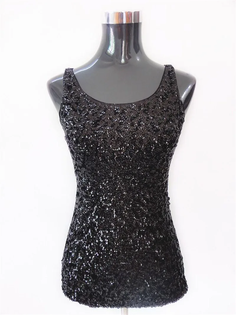 Womens Shine Glitter Sequin Embellished Sleeveless Vest Tank Tops Fashion Style Clothing For Cocktail Party Clubwear