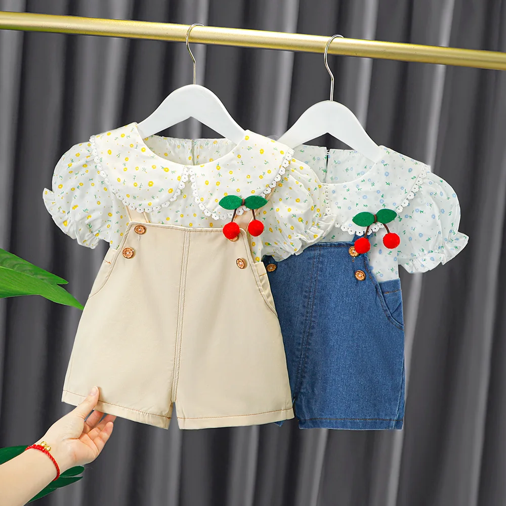 New Summer newborn girl baby clothes outfit sets floral shirt + denim overalls suit for girls baby clothing 1 year birthday sets