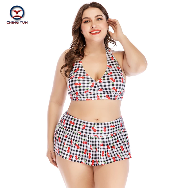 

bikini 2020 fashion plus-size swimsuit fashion plaid cherry print skirt bikini plus fat plus size swimwear women bathing suit