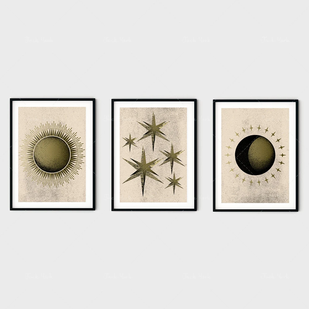 Sun Moon Stars Printable Art, Celestial Gallery Art, Abstract Modern Wall Art, Abstract Boho Shapes, Beige Gold Wall Art
