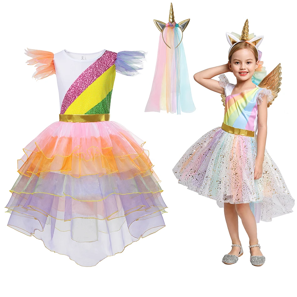 

Girls Unicorn Cake Frock Rainbow Cartoon Children Dress Birthday Party Princess Tutu Dress Performance Halloween Show Costume