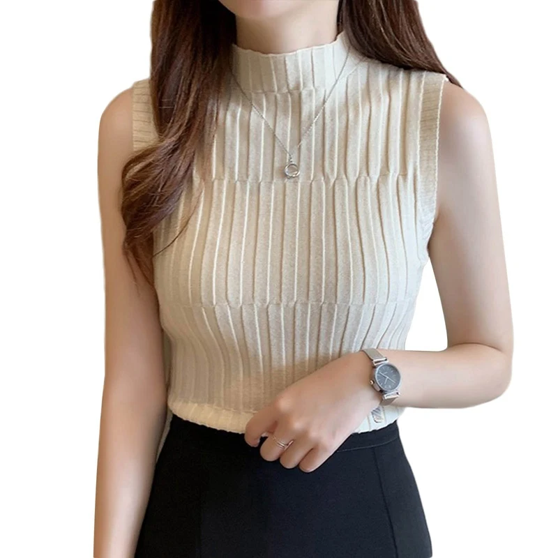 2021 New High Quality Summer Autumn Women Mock Neck Top Turtleneck Sleeveless T-shirt Slim Knitted Vest Female Tee Knitwear