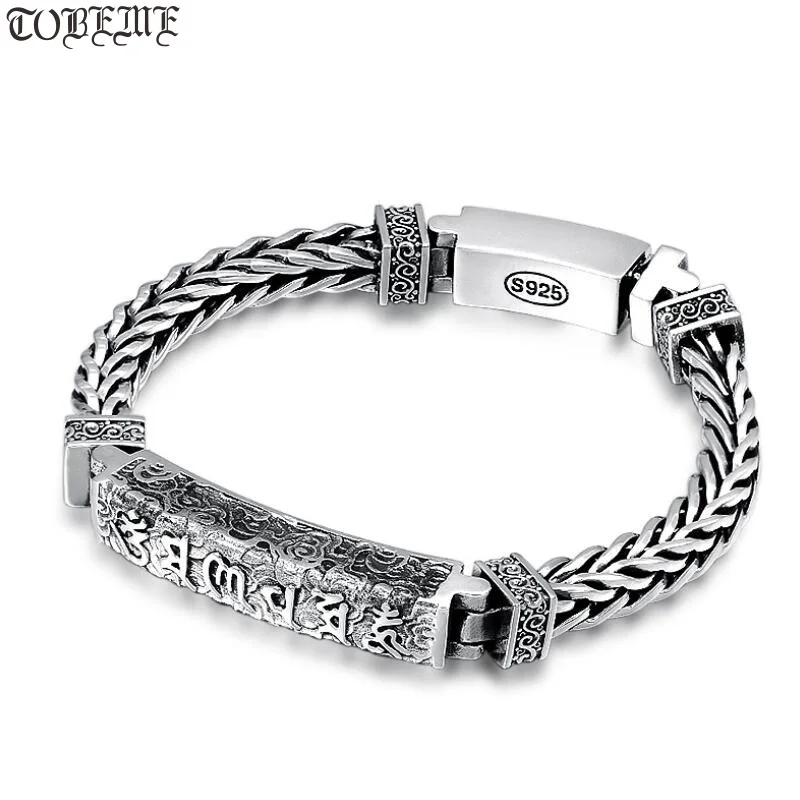 Handmade 925 Silver Tibetan Bracelet Tibetan Six Words Lucky Bracelet Vintage Sterling Silver Buddhist OM Mantra Bracelet