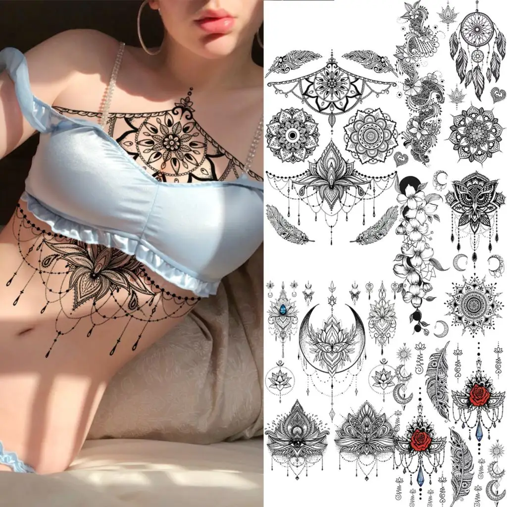 3D Lotus Sexy Pendant Temporary Tattoos For Women Adult Mandala Flowers Feathers Fake Tattoo Stickers Underboob Tatoo Decal