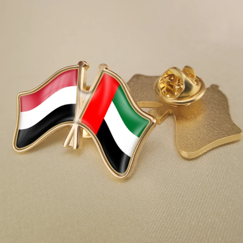 Yemen and United Arab Emirates Crossed Double Friendship Flags Lapel Pins Brooch Badges