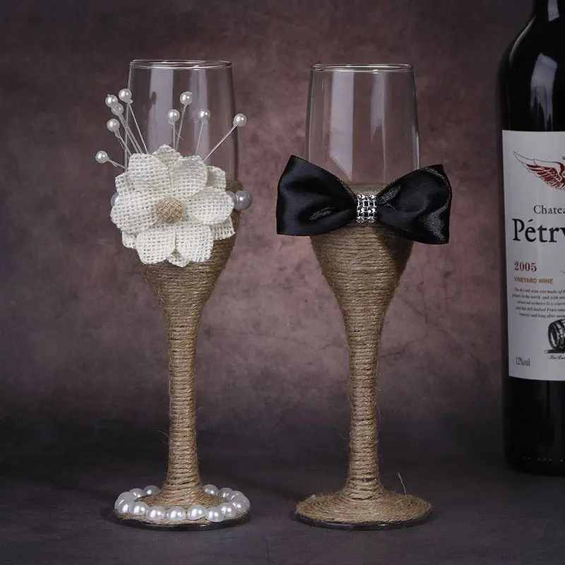 2Pcs/Set Champagne Flutes Crystal Bride and Groom Wedding Toasting Wine Glasses Linen Dress Decor Creative Gift for Wedding