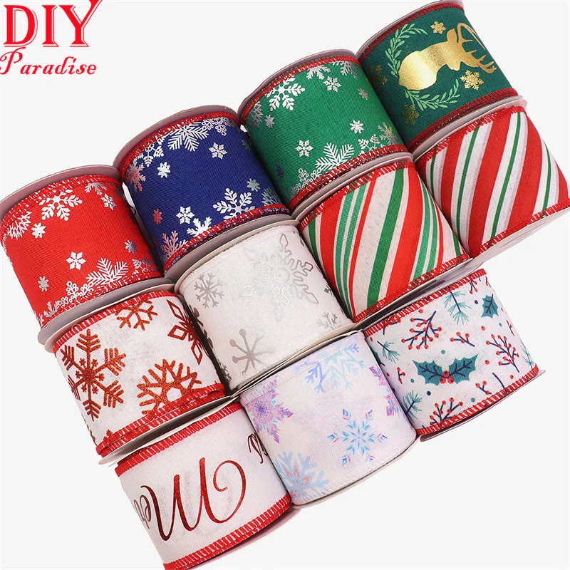 Red White Christmas Ribbon Bow Wide Blue Grosgrain Tape PATTERN Print Wired Ribbons for Wed Decor Packaging Xmas Gift Wrapping