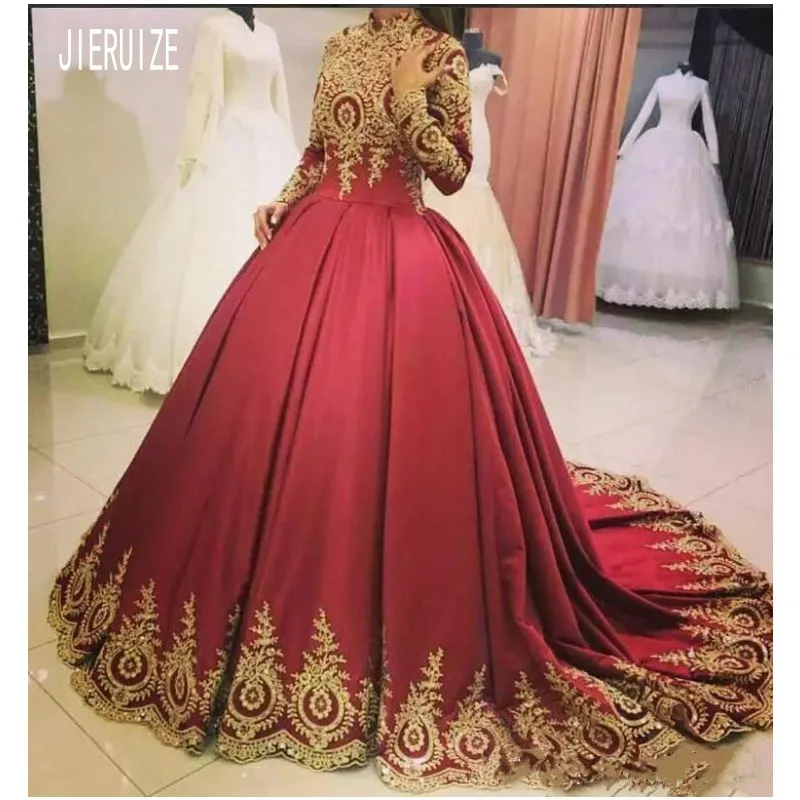 Modern Burgundy Muslim Wedding Dresses Long Sleeve High Neck Gold Lace Appliques Bridal Gowns Arabic Vestido De Noiva