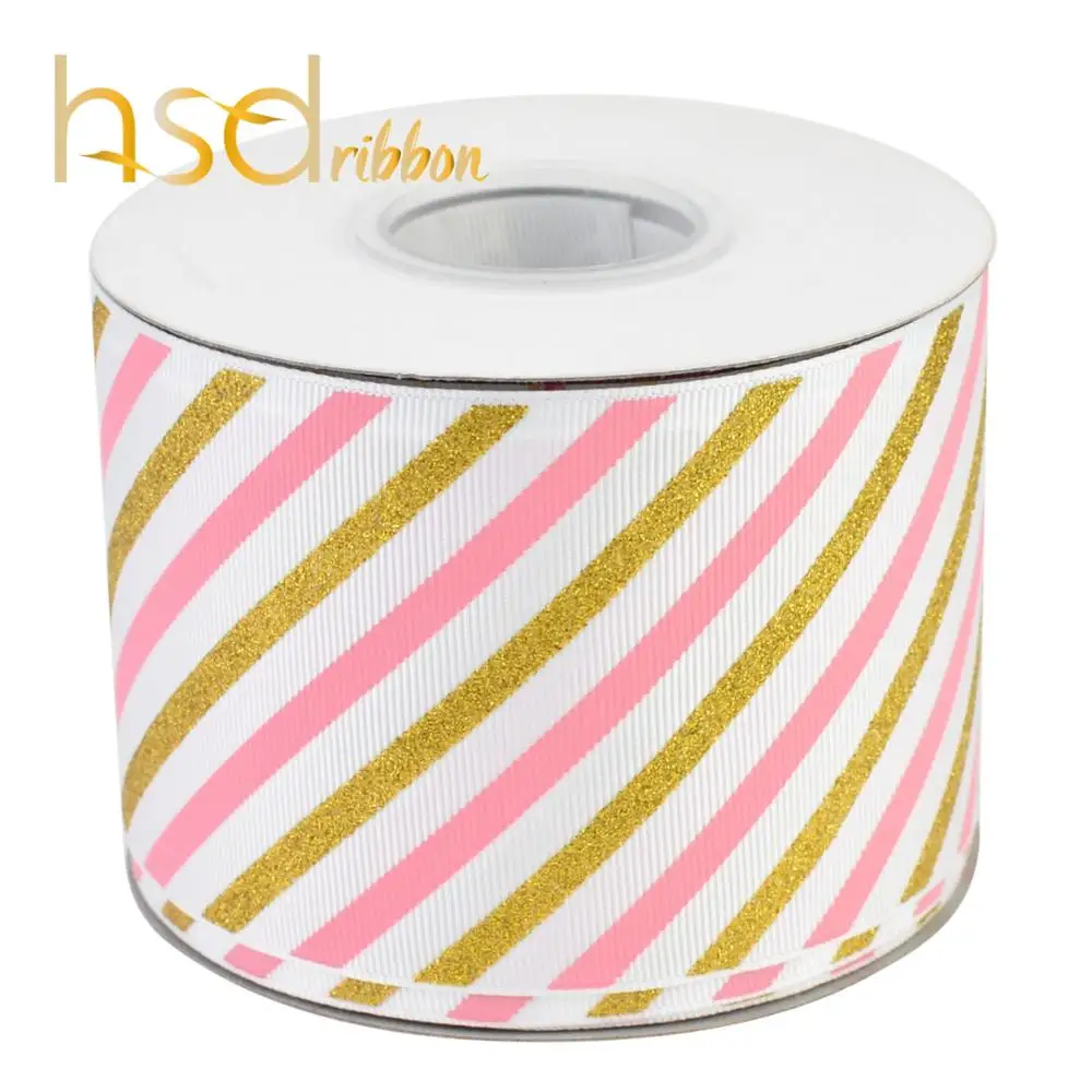 

HSDRibbon custom 75MM 3 inch Twill series Pink ink with Gold Glitter on White Grosgrain Ribbon