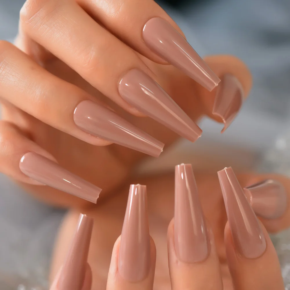 Nude Brown Super ยาวเล็บปลอม Coffin Glossy กด Ballerina อะคริลิคเล็บปลอม Party คอสเพลย์พรหมสำหรับผู้หญิงหญิงสาว