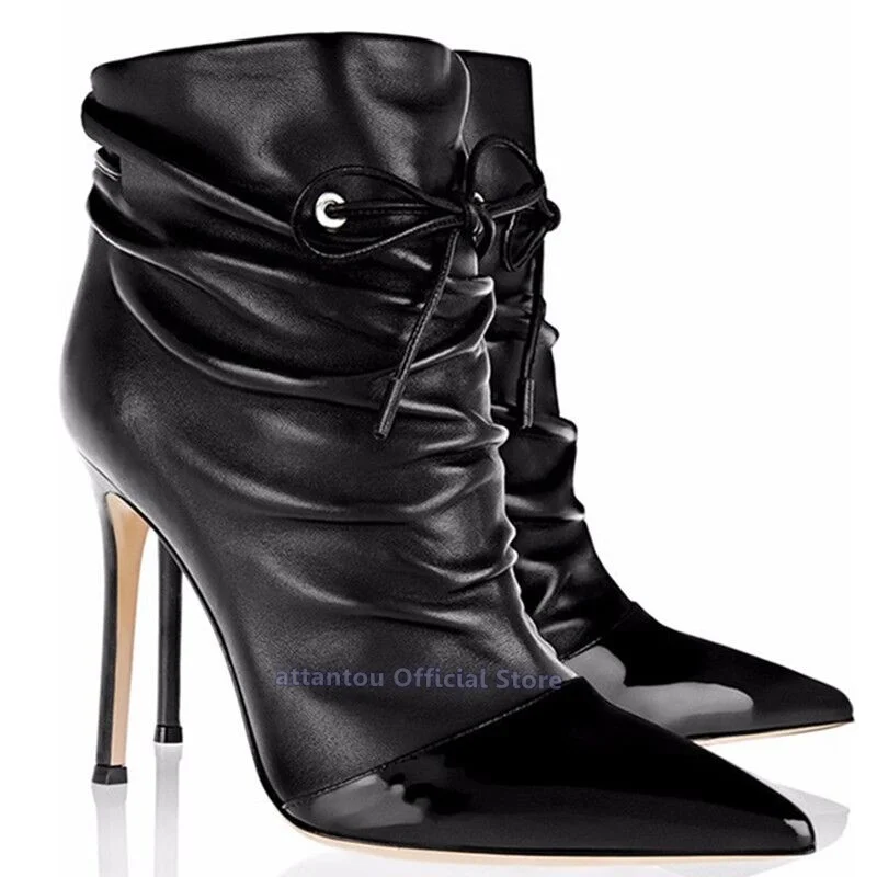 

Black mat leather Pointed toe cross tied lace up short boots women winter autumn thin high heel ankle boots plus size 46