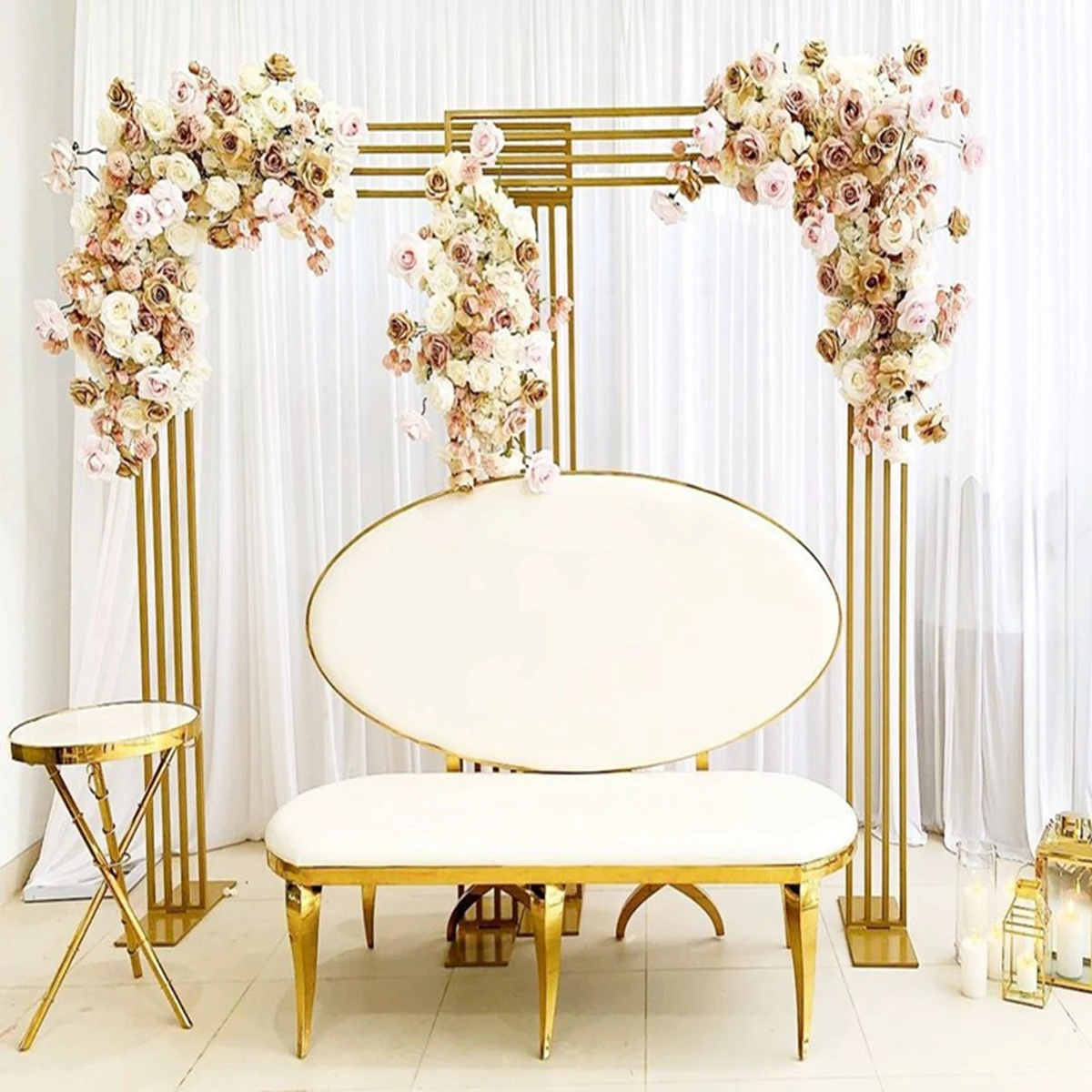 

Picture have 2pcs)no flowers no chair ) Metal Craft Custom Wholesale square wedding decoration metal stand gold backdrop AB0314