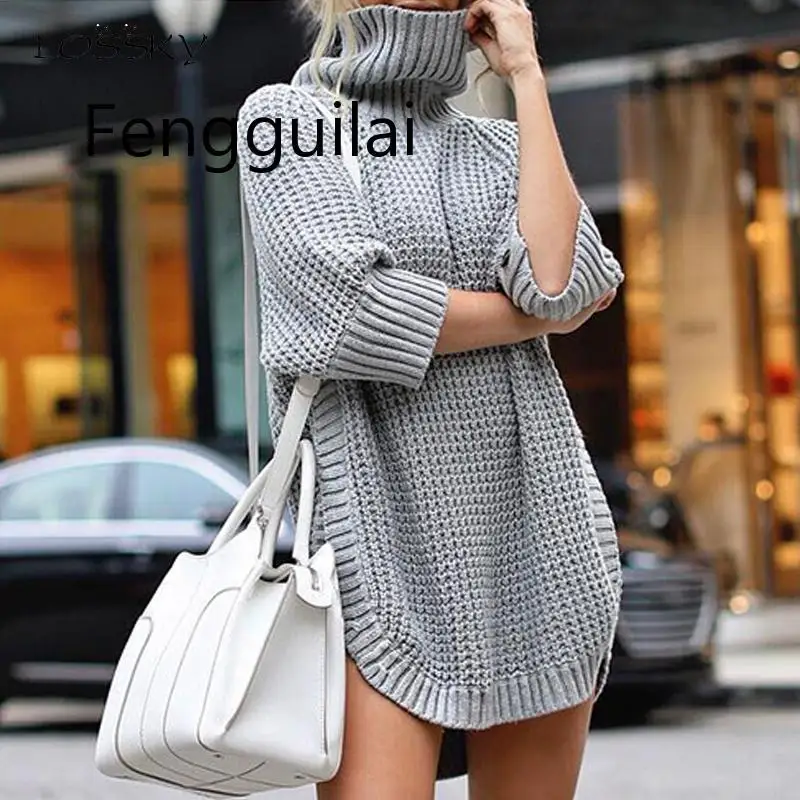 Sweater Women Autumn Winter Ladies Turtlneck Pullover Long Clothing  Warm Irregularly Knitted Streetwear Female