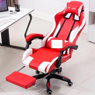 Silla de oficina ajustable con reposapiés, sillón reclinable ejecutivo, ergonómico, de piel sintética, estilo de carreras, para juegos de ordenador