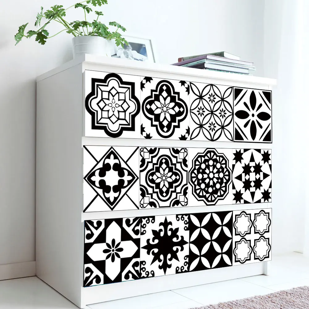 Black & White Tile Ceramics Floor Wall Sticker Kitchen Bathroom Home Decor Art Mural Waterproof Waist Line Peel & st Wall Decals