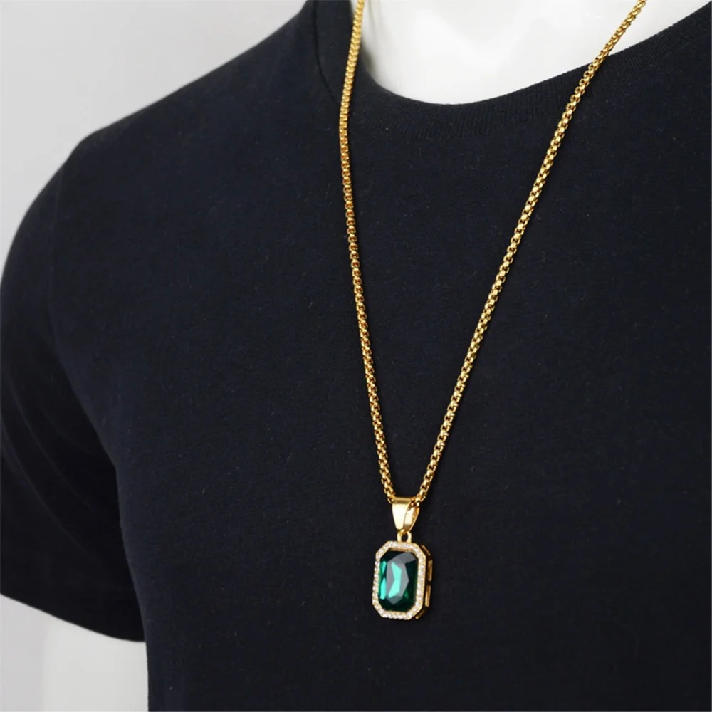 Neue Hip Hop Iced Out Bling CZ Grünes Quadrat Anhänger Männlich Vergoldet Edelstahl Rapper Halskette Für Männer Hippie Schmuck Geschenk