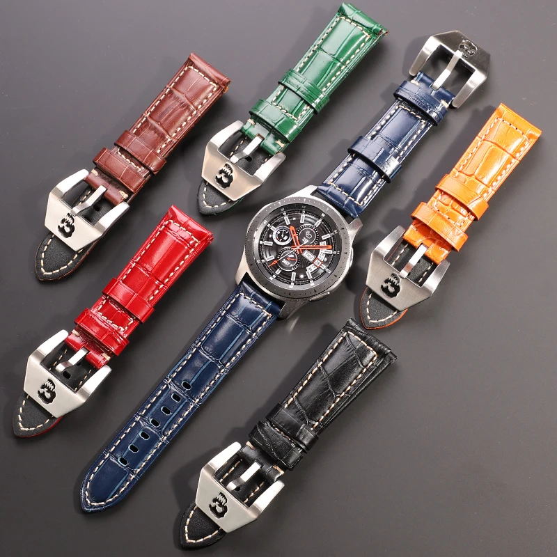 Genuine Leather Watchbands 22mm 24mm Thick Watch Band Strap Black Brown Orange Clock Belt Bracelet Skull Hollow Buckle For