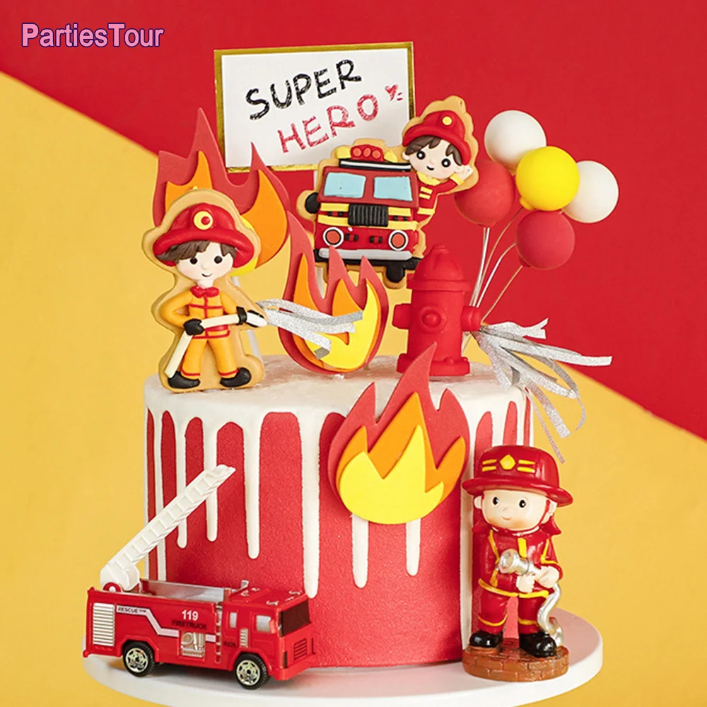 Firetruck Fire Cake Topper Figurines Toys Fireman Birthday Decoration Firefighter Birthday Party Supplies Kids Boy Decoration