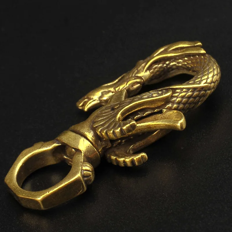 Vintage Brass Dragon Phoenix Couple Keychain Antique Copper Dragon Carabiners Key Chains Men Waist Buckle Car Keys Holder Gifts