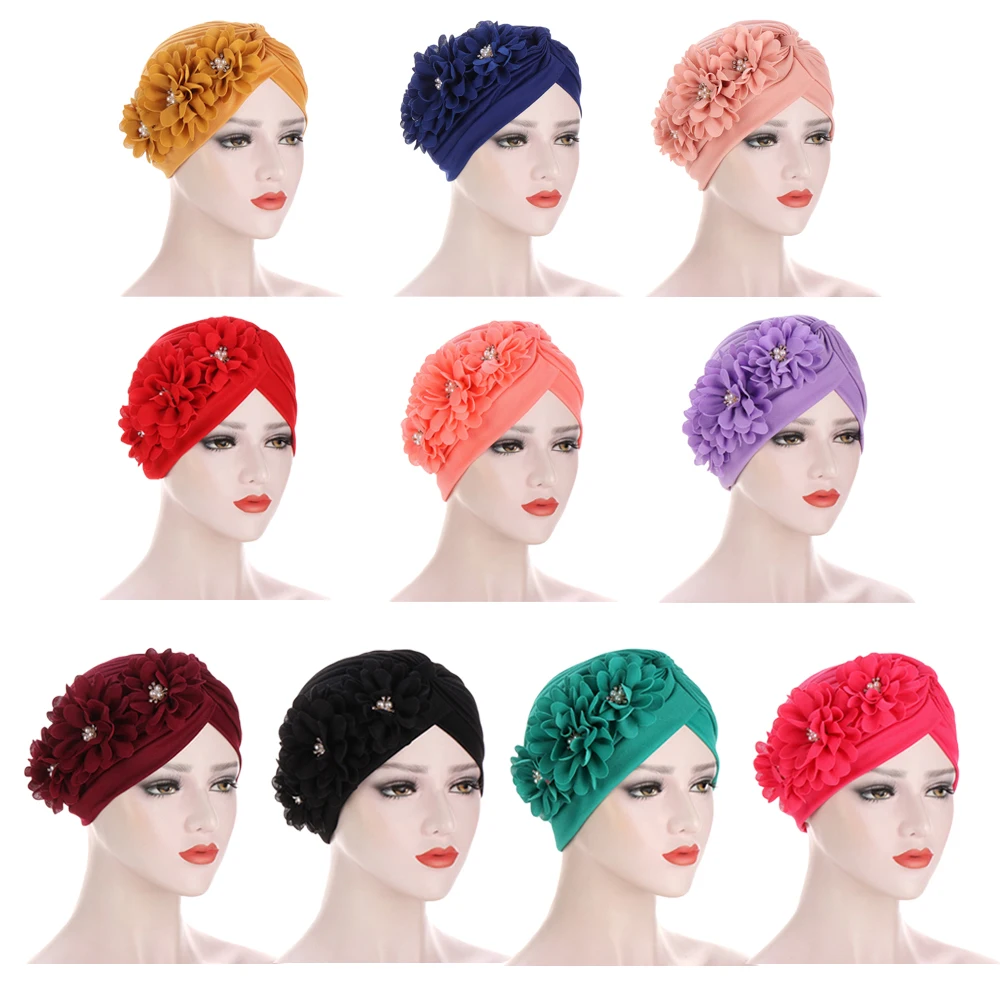 

India Hat Muslim Pleated Flower Women Hijabs Cancer Chemo Cap Hair Loss Head Scarf Turban Head Wrap Beanie Cover Bonnet Fashion