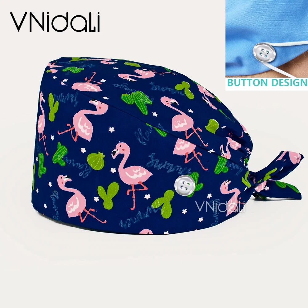 Verpleegkundige Cosplay Hoed Met Knop Medische Hoofd Cap Mannen Scrubs Caps Schoonheidssalon Cap Ziekenhuis Werk Cap Flamingo Print