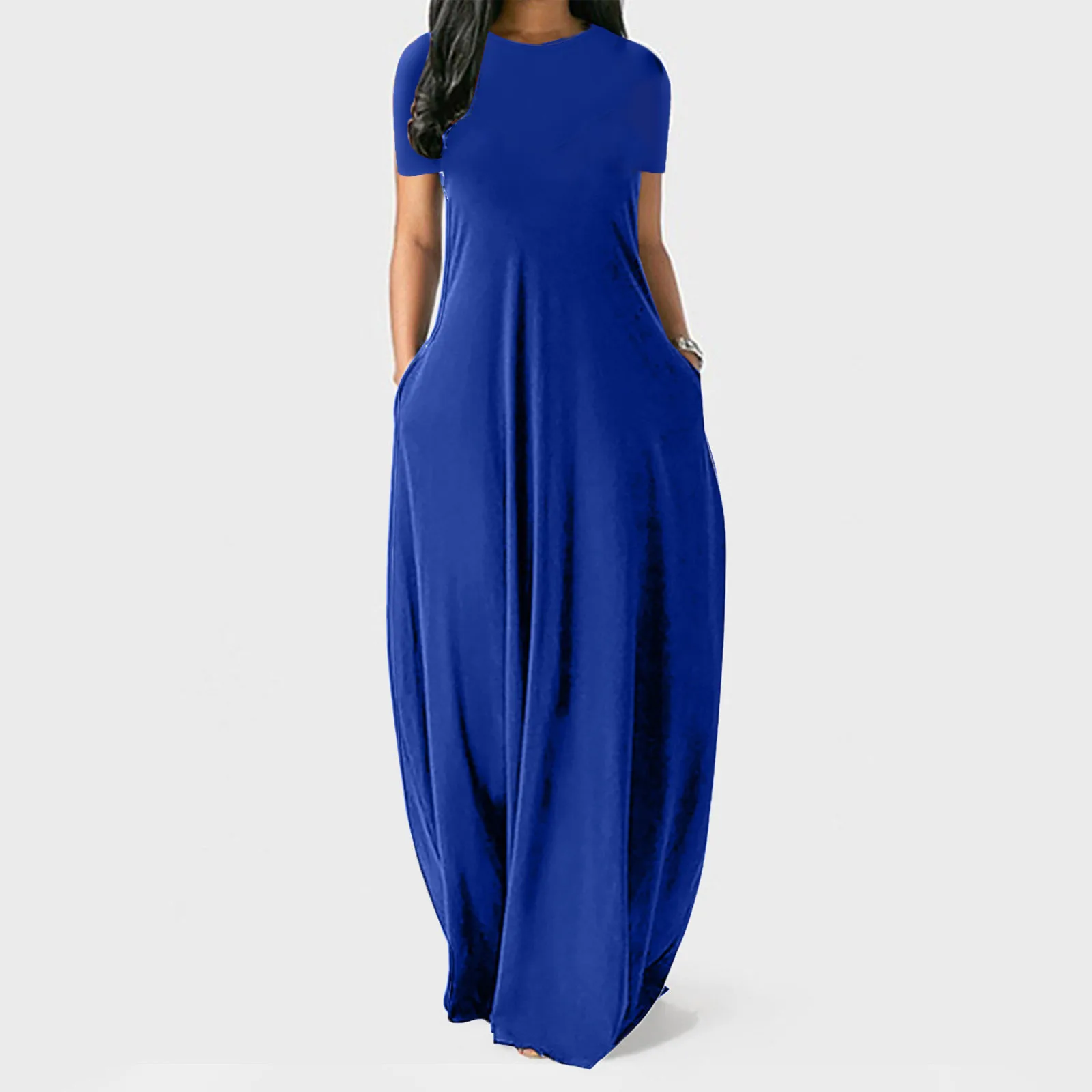 Women Summer Dress Oversize Casual Solid O-Neck Pockets Long Dress Female Plus Size Short Sleeve High Waist Maxi Dresses Vestido