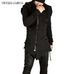 Sweatercoat Dark Tie Hooded Loose Coat Zipper Hoodies with Side Lashing Crossed Black Hoodies Men Dropshipping