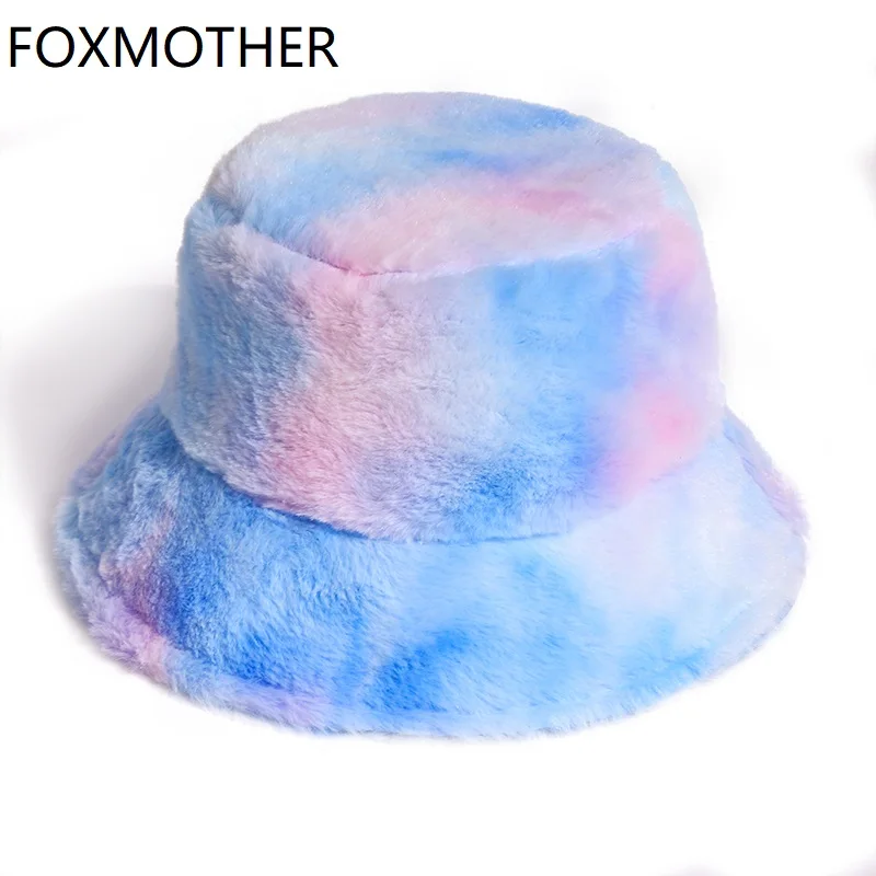 FOXMOTHER New Pink Faux Fur Bucket Hat For Women Girl Rainbow Tie Dye Soft Warm Fishing Cap Fisherman Gorros Winter Lady Gifts