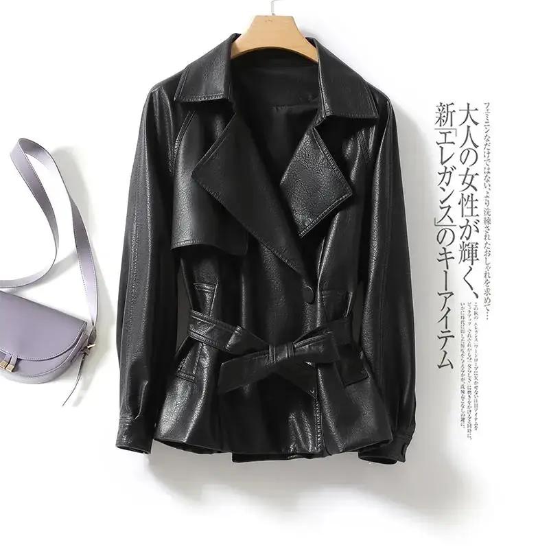 Black Leather Jacket Women 2022 Spring Autumn New PU Ladies Leather Windbreaker Fashion Belt Jackets Outerwear Short Coat Female