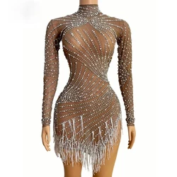 Pearl Rhinestones Transparent Fringes Mini Dress Birthday Celebrate Dress Evening Prom Outfit