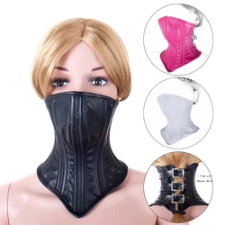 Cartilage Support Unisex Collar Lockable Leather Half Face Mask BDSM Restraint Slave Fetish Posture Collar,SM Adult Game Sex Toy