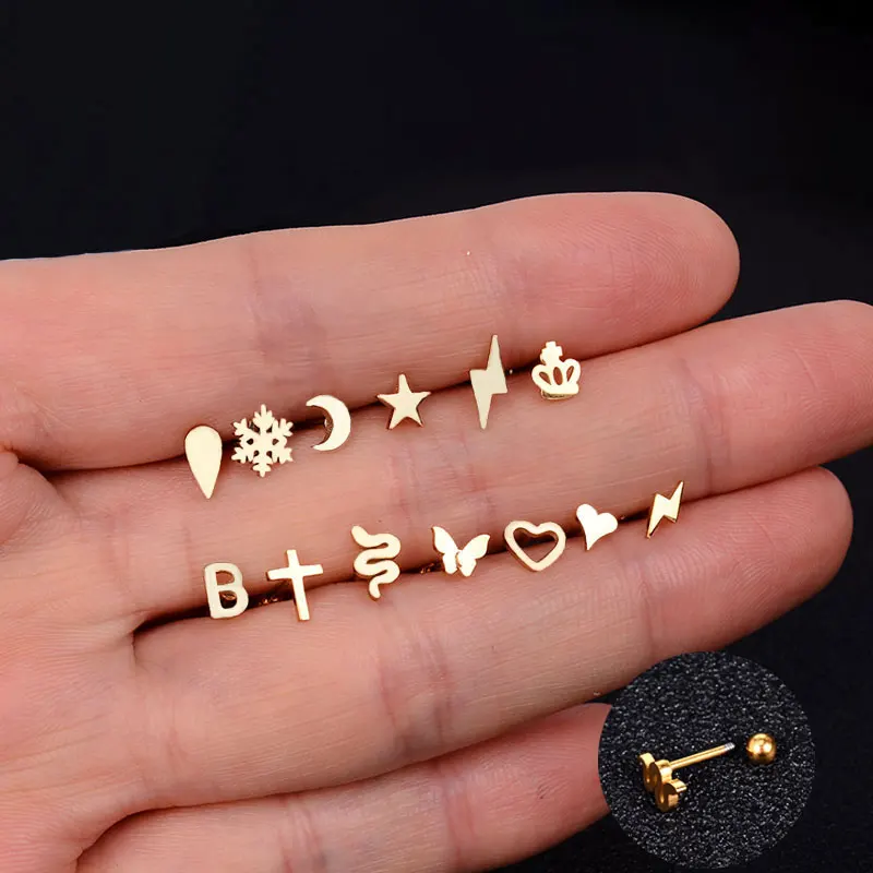 1 pçs de aço inoxidável mini brincos coração estrela lua cruz borboleta cobra helix cartilagem tragus lóbulo orelha piercing jóias