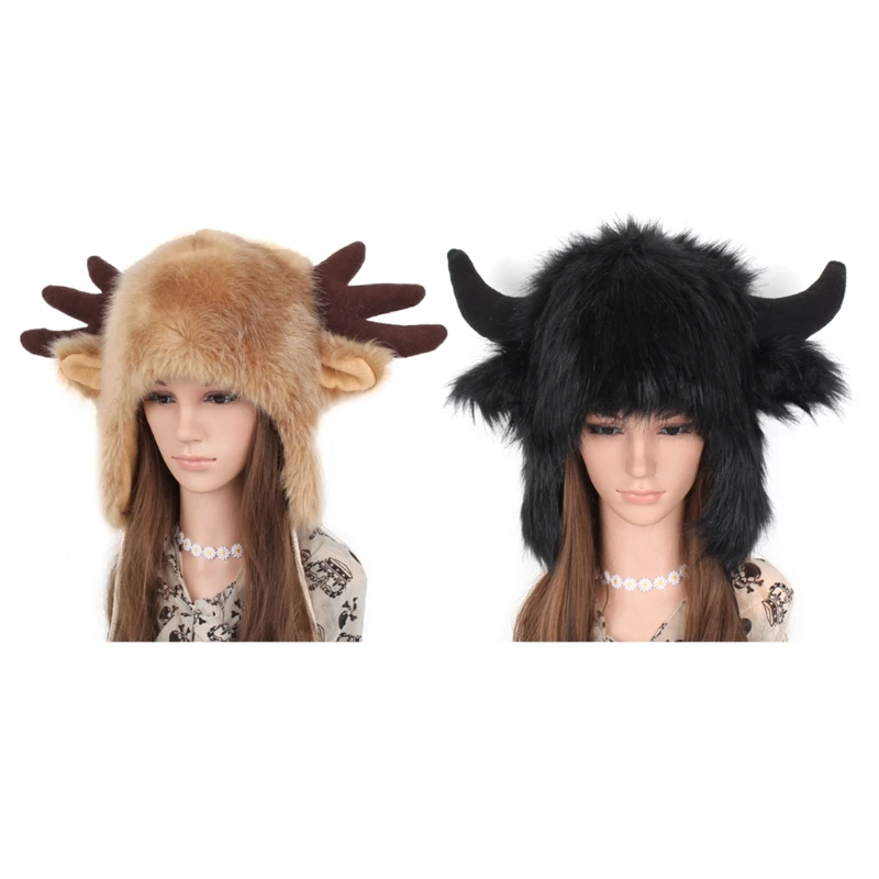 Winter Furry Plush Trapper Hat Ox Horns Deer Antlers Earflap