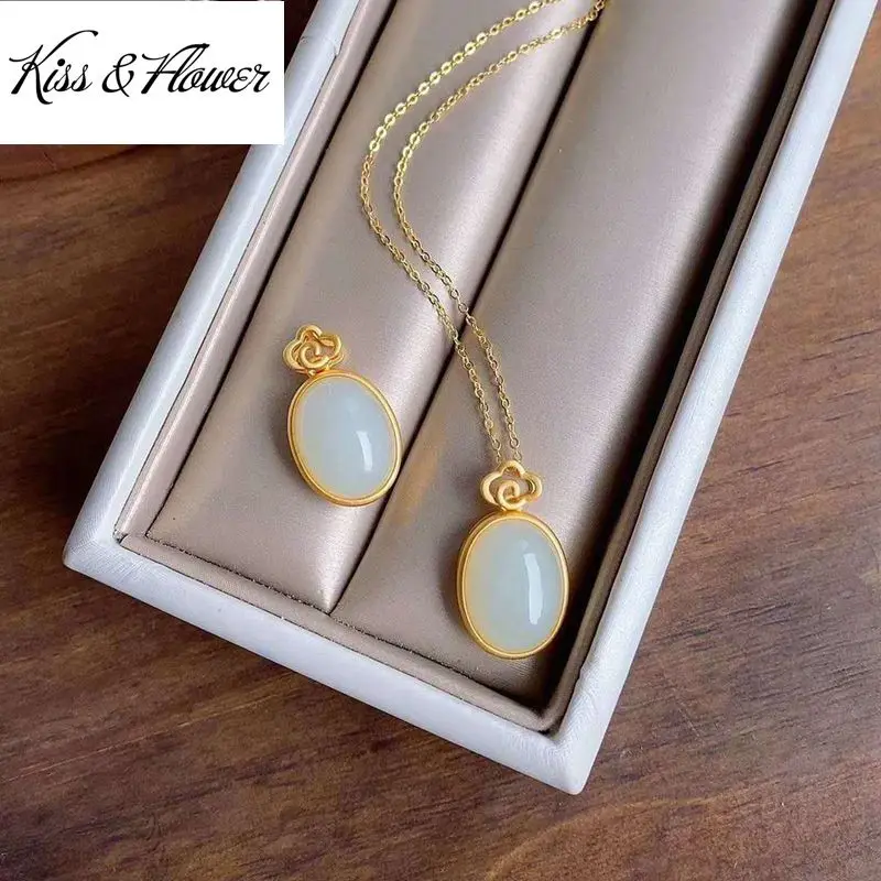 

KISS&FLOWER NK161 Fine Jewelry Wholesale Fashion Hot Woman Girl Bride Mother Birthday Wedding Gift Oval Jade 24KT Gold Necklace