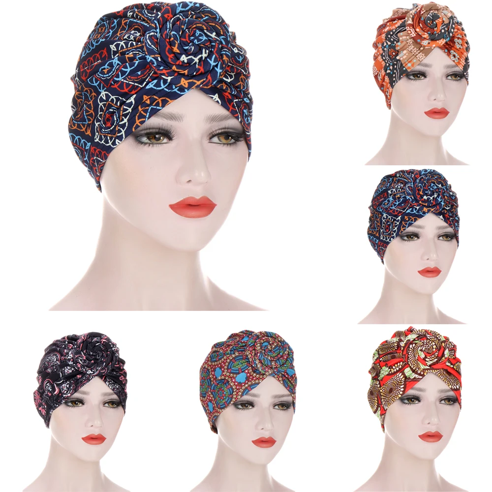 Women Tie Turban Hat Knot Turban Printed African Twist Headwrap Ladies Hair Accessories India Hat Chemo Cap Bonnet Beanies New