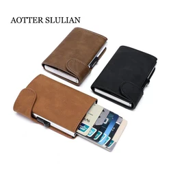 Rfid Smart Wallet ID porta carte di credito in pelle ultra-sottile Business Men Cardbag scatola per carte in metallo con spazzola antifurto automatica Pop-up