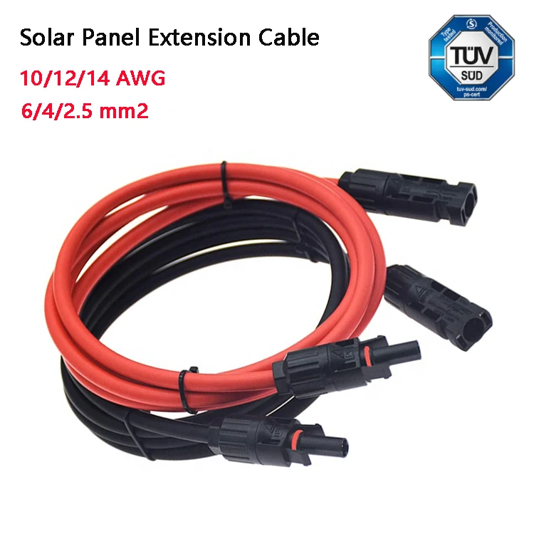 1 Pair Solar PV  Extension Cable 6/4/2.5 mm2 10/12/14 AWG Tinned-Copper Conductor Wire Black and Red with Solar Panel Connectors