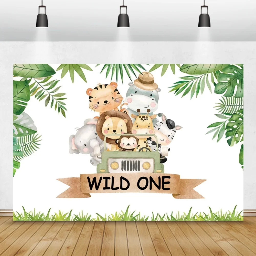 Laeacco Tropical Palms Leaves Wild One Safari  Tiger Lion Elephant Monkey Giraffe Baby Birthday Party Photography Banckdrops