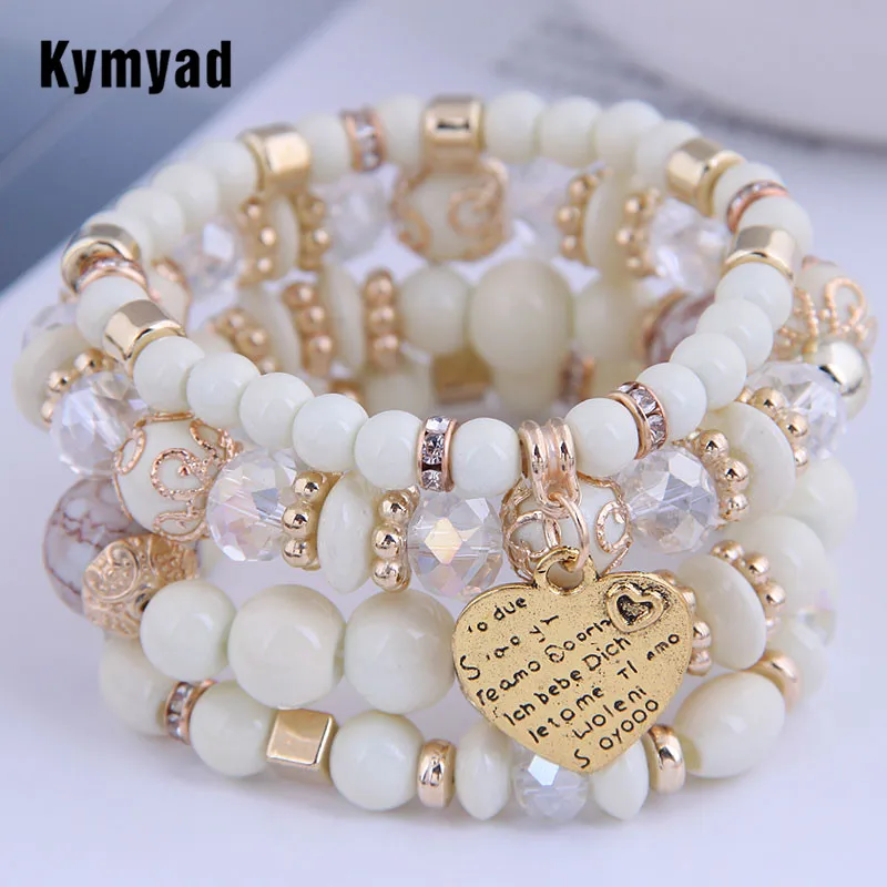 Kymyad 4pcs/set Bohemia Bracelets Resin Beads Bracelet Crystal Stone Bracelets For Women Heart Charming Bracelet Femme Jewelry