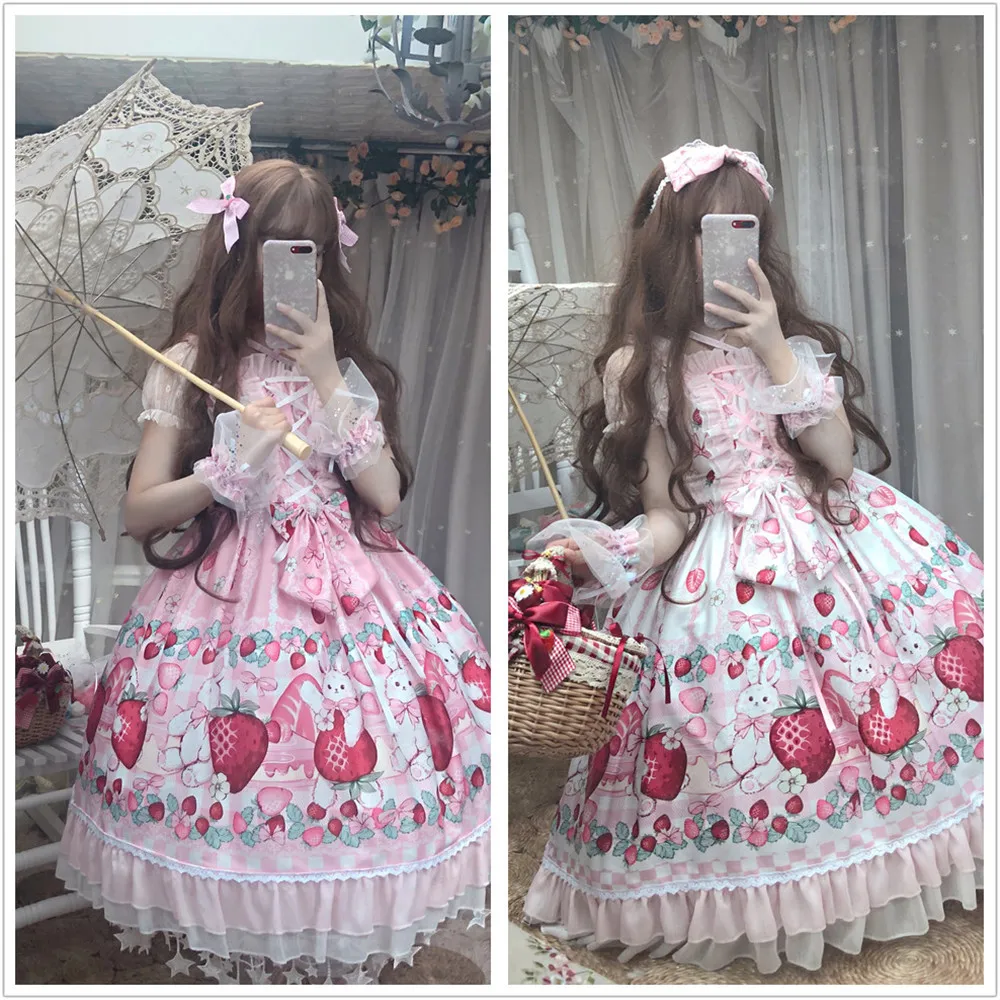 

Palace Style Kawaii Strawberry Rabbit Printed Party JSK Dress Lolita Fairy Sweet Ruffles Lace Suspenders Sleeveless Dress Summe