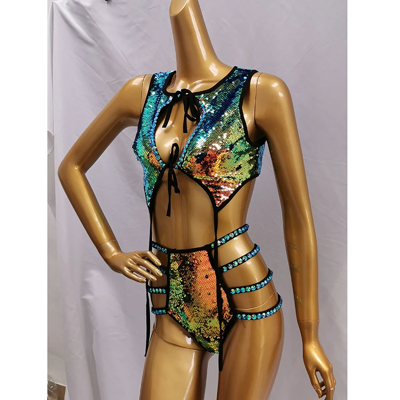 Conjunto de Bikini con lentejuelas para mujer, traje de baño con bordado Sexy, traje de baño a la moda para Rave 20 EDC, vestido personalizado de Color para playa, novedad