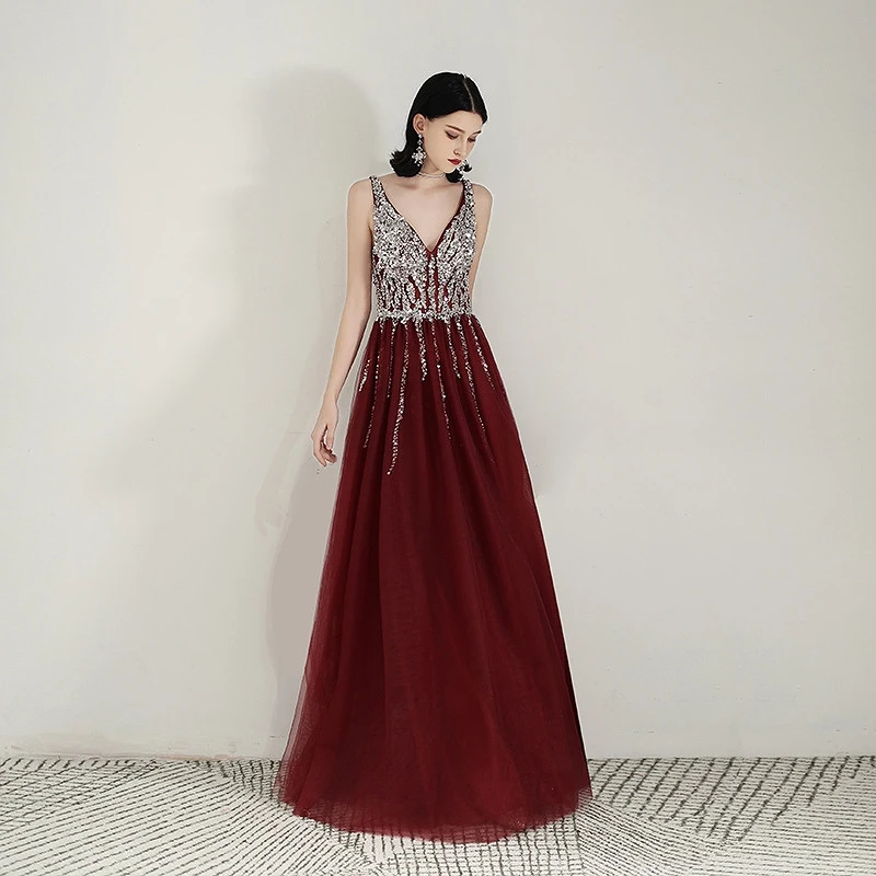 

Luxury Burgundy Evening Dresses Shiny Sequins A-Line V-Neck Beads Sleeveless Ceremony Cocktail Formal Party Guest Prom Gowns