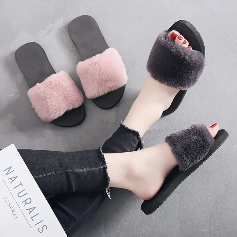 36-40 Spring Autumn Women Slippers Fashion Fluffy Faux Fur Plush Slippers  Slides Flip Flops Flat Shoes