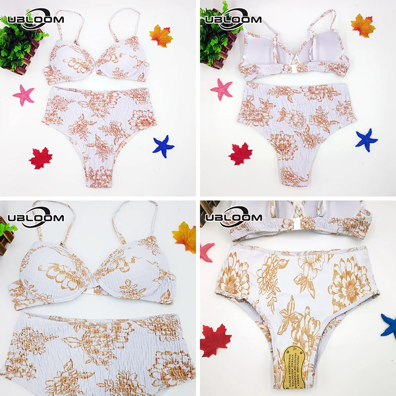 Bikini plissé à armatures pour femmes, maillot de bain deux pièces, Sexy, taille haute, soutien-gorge Push Up, motif Floral, pour baigneurs