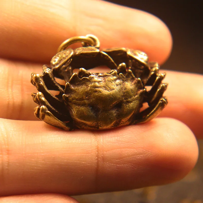 Solid Brass MINI Crab Keychain Pendant Copper Handmade Antique Animal Miniature Figurines Key Chain Keyring Hanging Jewelry