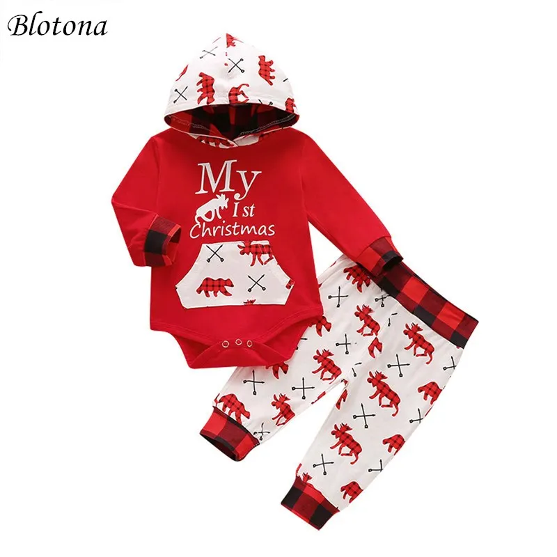 

Blotona Baby Christmas Set Hooded Long Sleeves Crotch Bottoms Romper Top, Dinosaur Pants Jogger Trousers 2Pcs Outfits 0-12M