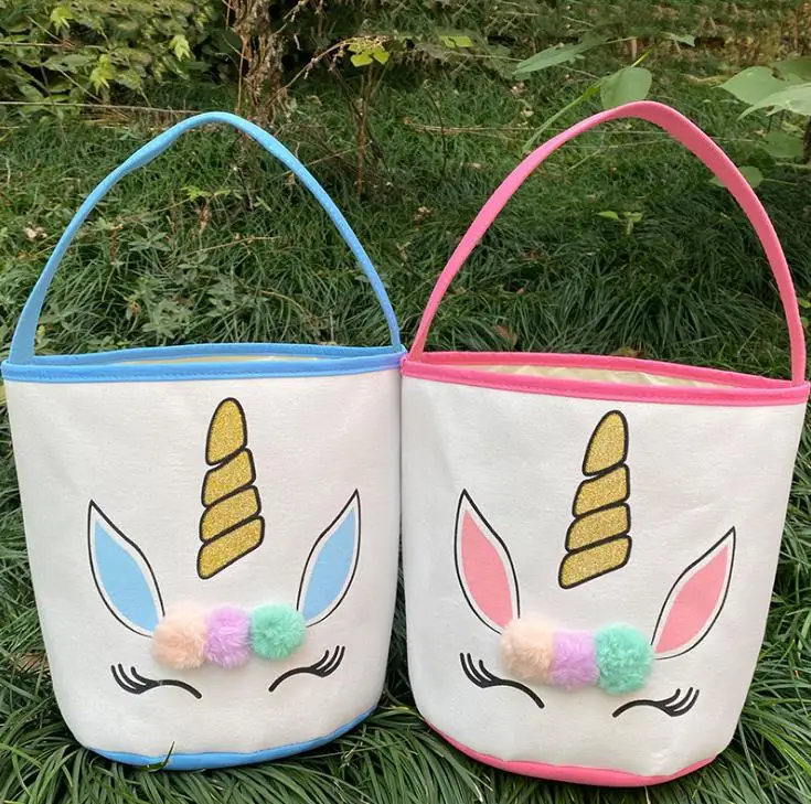 Easter Glitter Unicorn Basket Bunny Bags with Plush Pom Pom Cartoon Canvas Tote Bag New Year Gifts Egg Candies Barrel Bucket SN