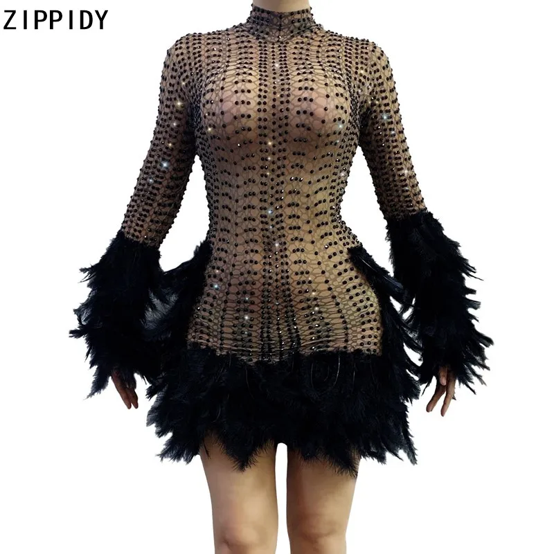 

Black Rhinestone Feather Transparent Short Dress Birthday Celebrate Prom Mesh Outfit Women Dancer Singer Bar Dress