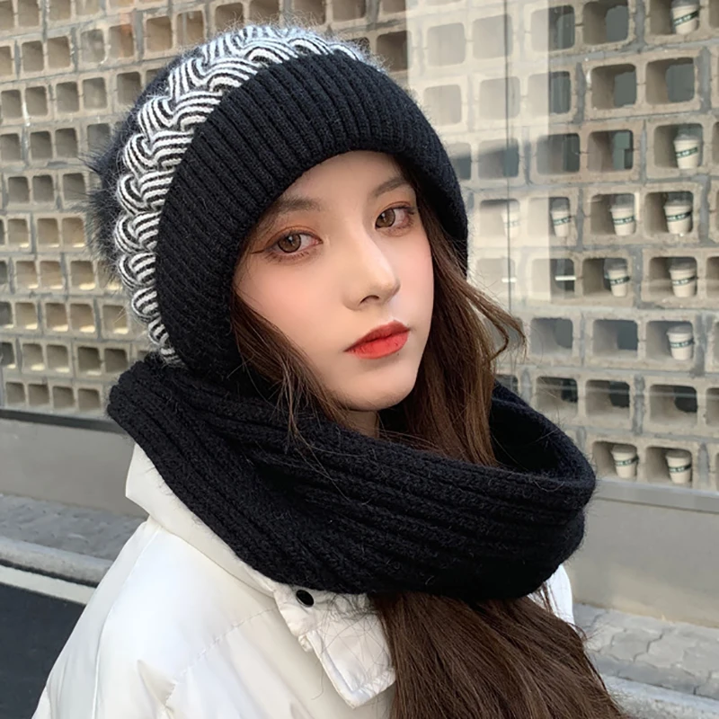 

Winter Hats For Women Wool Blended Knit Wool Hat Scarf set Ski Cap Lady Thread Knitted Beanie Chapeau Femme